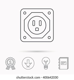 USA socket icon. Electricity power adapter sign. Download arrow, lamp, learn book and award medal icons.
