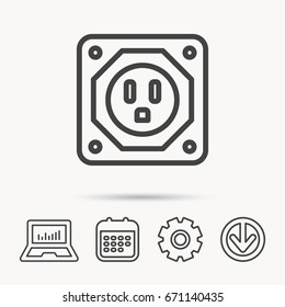 USA socket icon. Electricity power adapter sign. Notebook, Calendar and Cogwheel signs. Download arrow web icon. Vector