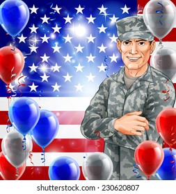 USA Soldier Illustration of a handsome happy American soldier in front of a US flag with party balloons. Great for 4th July, Veterans day, Independence Day or similar.