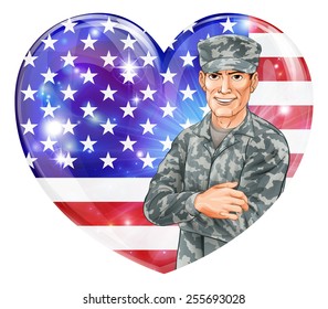 USA Soldier Illustration of a handsome happy American soldier in front of a US heart flag with party balloons. Great for 4th July, Veterans day, Independence Day or similar.