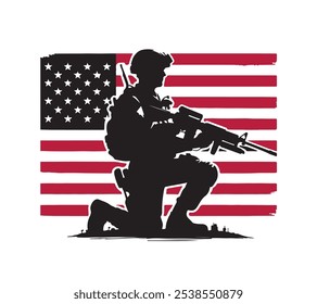 USA soldier silhouette with American flag silhouette in background for veterans day 11th November