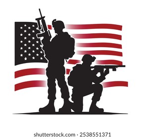 USA soldier silhouette with American flag silhouette in background for veterans day 11th November