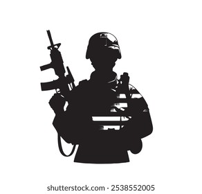 USA soldier silhouette with American flag silhouette in background for veterans day 11th November