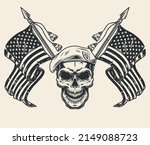USA soldier skull emblem monochrome vintage dead man military ranger head in special forces beret patriotic national flags vector illustration