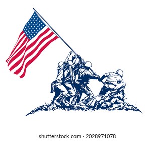 USA Soldiers Flag Raising Victory Scene World War Symbolic Of Heroism By Soldiers In Conflicts.
