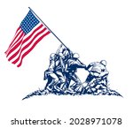 USA Soldiers raising flag in victory scene towards the end of World War II in the Pacific War, symbolic of heroism and victory by soldiers in conflicts.
