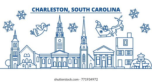 USA, South Carolina, Charleston winter city skyline. Merry Christmas and Happy New Year decorated banner.Winter greeting card with snow and Santa Claus.Flat, line vector. Linear christmas illustration