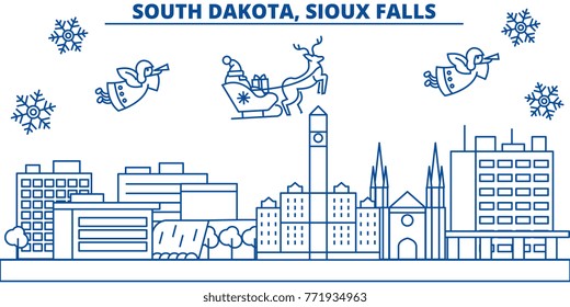 USA, South Dakota , Sioux Falls winter city skyline. Merry Christmas and Happy New Year decorated banner.Winter greeting card with snow and Santa Claus.Flat, line vector. Linear christmas illustration