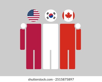 USA, South Korea, and Canada National Flags With Embracing Body. Vector Illustration. Isolated background.