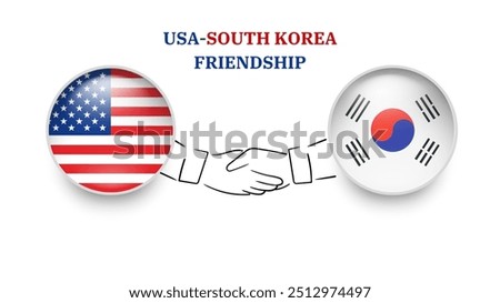 USA and SOUTH KOREA flags in circle with shake hand. USA And SOUTH KOREA friendship. USA And SOUTH KOREA flags, isolated on white background. Vector