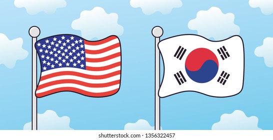 USA and South Korea flags in sky, American Korean friendship and cooperation.