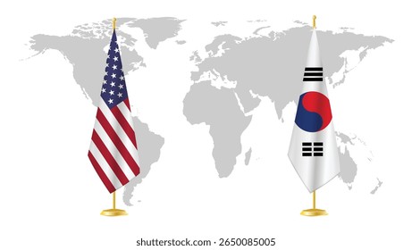 Os EUA e a Coreia do Sul exibem bandeiras no fundo do mapa mundial. Simbólico de relações diplomáticas, unidade e cooperação Indo-Pacífico. Design de conceito internacional renderizado em 3D.