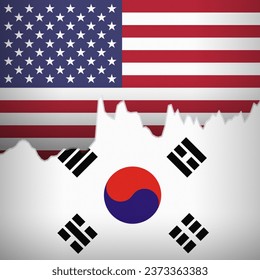 USA and South Korean flags depicted with a price line chart. Fluctuation graph with a bullish trend. Burlap textured. Banking and trade relations concept.