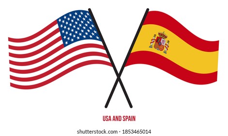 USA and Spain Flags Crossed And Waving Flat Style. Official Proportion. Correct Colors.