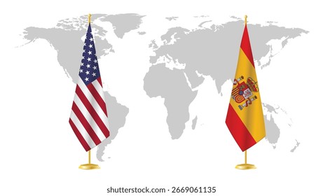 Estados Unidos e Espanha exibem bandeiras no fundo do mapa mundial. Simbólico de relações diplomáticas, unidade e cooperação transatlântica. Design de conceito internacional renderizado em 3D.