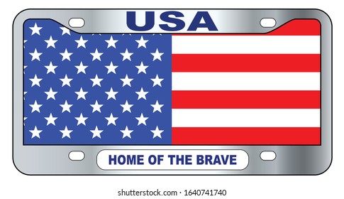 USA spoof state license plate in the colors of the Stars and Stripes flag over a white background with the legend HOME OF THE BRAVE