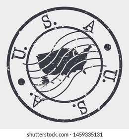 USA Stamp Postal. Map Silhouette Seal. Passport Round Design. Vector Icon. Design Retro Travel.