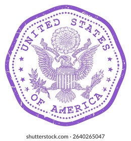 USA stamp with state seal or coat of arms, United States of America travel stamp, shabby postmark of US with eagle, vector