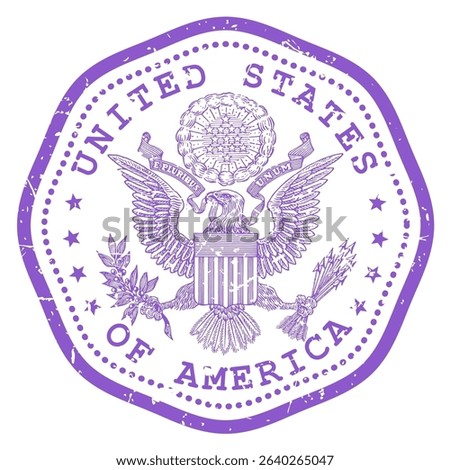 USA stamp with state seal or coat of arms, United States of America travel stamp, shabby postmark of US with eagle, vector