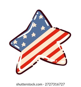 Icono de la estrella de los EE.UU. con las rayas rojas y blancas y el campo azul con las estrellas, símbolo americano patriótico, elemento nacional de la decoración, gráfico de la celebración, Ilustración vectorial de la historieta