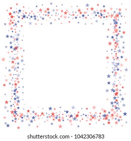 Usa stars frame holiday decoration. Presidents day banner background. backdrop Vector Illustration, Blue and Red 4th of July sparkles border isolated on white. patriotic american star confetti.