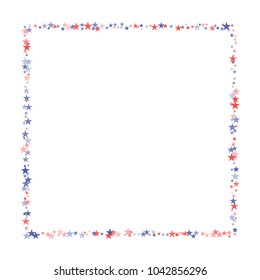 Usa stars frame holiday decoration. Presidents day banner background. backdrop Vector Illustration, Blue and Red 4th of July sparkles border isolated on white. patriotic american star confetti.