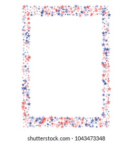 Usa stars frame holiday decoration. Presidents day banner background. backdrop Vector Illustration, Blue and Red 4th of July sparkles border isolated on white. patriotic american star confetti.