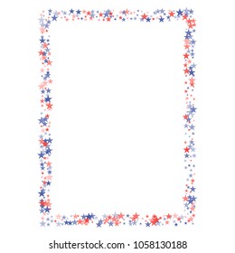 Usa stars frame holiday decoration. Presidents day banner background. backdrop Vector Illustration, Blue and Red 4th of July sparkles border isolated on white. patriotic american star confetti.