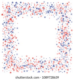 Usa stars frame holiday decoration. Presidents day banner background. backdrop Vector Illustration, Blue and Red 4th of July sparkles border isolated on white. patriotic american star confetti.