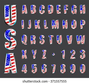 USA Stars and Stripes flag chrome font. Letters and numbers vector