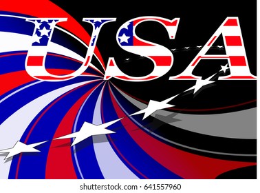 USA stars and stripes lettering. Background of red, white and blue patriotic, abstract design with circle of white stars