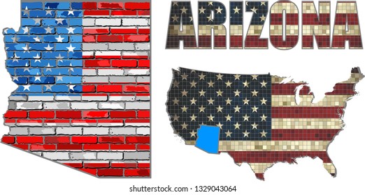 USA state of Arizona on a brick wall - Illustration,
Font with the United States flag