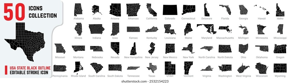 USA State black outline editable stroke icon set also includes New York, Iowa, UTAH, Texas, Alabama and California. USA Map, black with white individual city thin line map