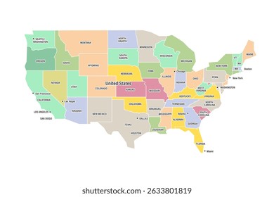 Capitais do Estado dos EUA mapeiam colorido. Mapa detalhado do vetor UNITED STATE.