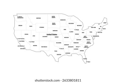 USA State Capitals map. Detailed Map of UNITED STATE vector black and white.