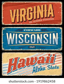 Señales de vectores estaduales de Hawaii, Virginia y Wisconsin, diseño de viajes o turismo estadounidense. Placas vintage y postales retro con Aloha, Sic Semper Tyrannis y letras del estado Adelante