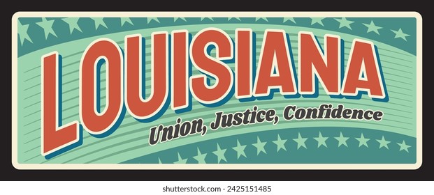 USA state of Louisiana vintage travel plate, sign of vector American tourism plaque, tin number. Union, justice and confidence motto sign, symbol of Baton Rouge capital