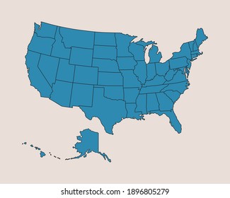 USA state map high detailed border. Political borders of the United States of America.