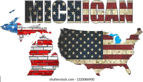 USA state of Michigan on a brick wall - Illustration,
Font with the United States flag