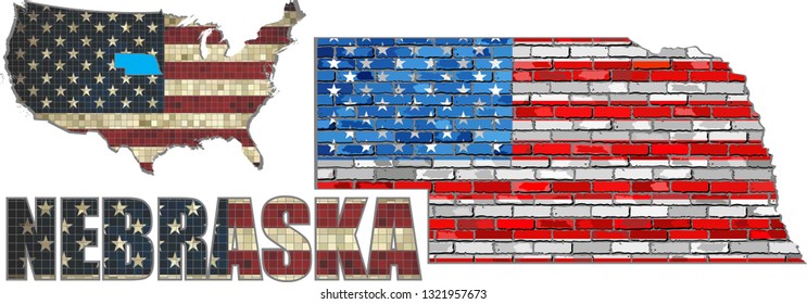 USA state of Nebraska on a brick wall - Illustration,
Font with the United States flag