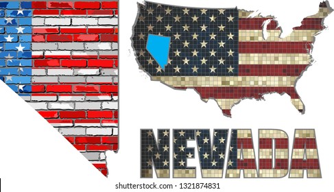 USA state of Nevada on a brick wall - Illustration,
Font with the United States flag