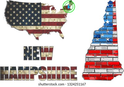 USA state of New Hampshire on a brick wall - Illustration,
Font with the United States flag