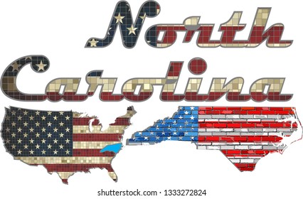 USA state of North Carolina on a brick wall - Illustration,
Font with the United States flag