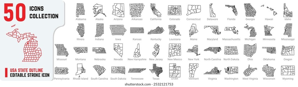 USA State outline editable stroke icon set also includes New York, Iowa, UTAH, Texas, Alabama and California. USA Map, Individual City thin line map









