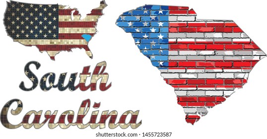 USA state of South Carolina on a brick wall - Illustration,
Font with the United States flag