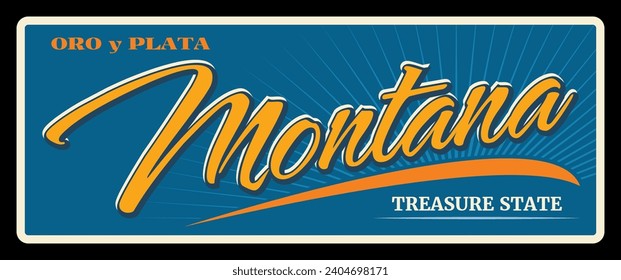 Placa de turismo y viajes del estado de Estados Unidos, cartel con el vector del estado norteamericano de Montana. Señal de época y postal, estado en la zona montañosa oeste de los Estados Unidos, capital Helena, región del cielo grande