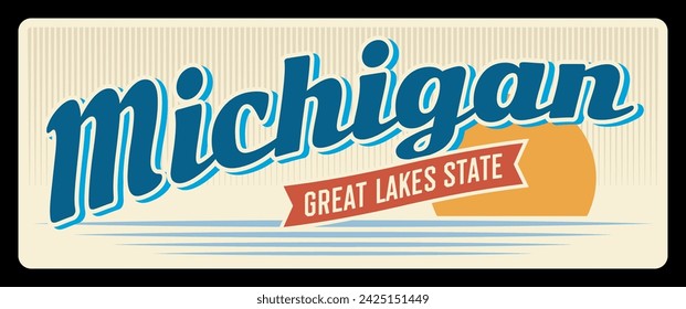 USA state travel and tourism plate, banner with American Michigan state. Vintage sign and postcard of State in Great Lakes region of upper Midwestern United States, capital is Lansing