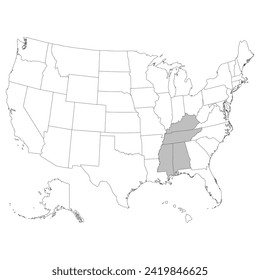 USA states East South Central regions map.