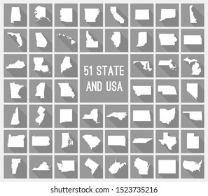 USA states flat style with long shadow. USA maps on gray background. USA state set of maps. Vector illustration