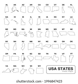 USA states linear maps vector illustration. High quality simple and flat outline map collection set of the United States of America 50 states isolated on white